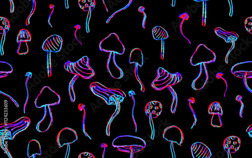 Fantasy mushrooms seamless pattern. Line art funny floral elements. Mushroom sketch wallpaper in 1960s or 1970s style i in neon pink and purple. Vector groovy background drawn by crayon pencil.