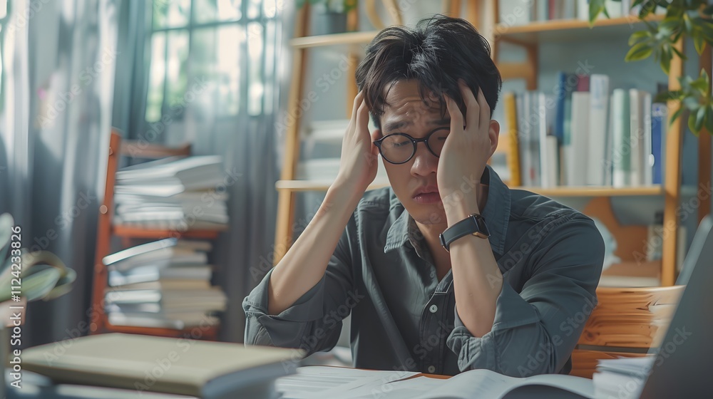 A businessman is sitting at his desk with stacks of documents and holding his head in his hands, looking sad due to the work, Generative AI A businessman is sitting at his desk with stacks of documents and holding his head in his hands, looking sad due to the work, Generative AI