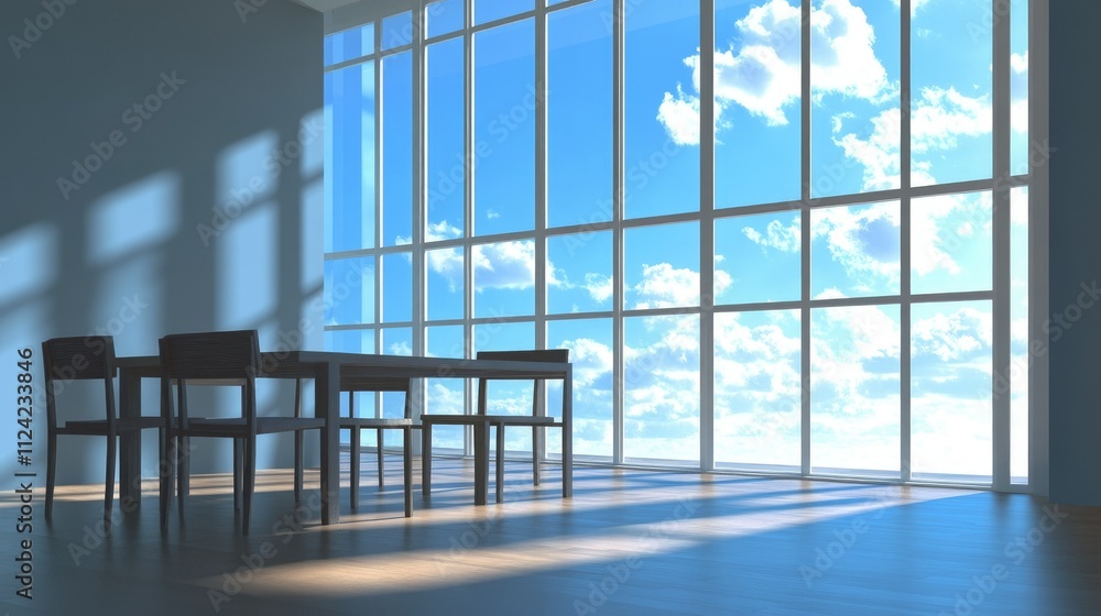 Minimalistic dining area with large windows letting in natural light and a vibrant blue sky as the backdrop. Minimalistic dining area with large windows letting in natural light and a vibrant blue sky as the backdrop.