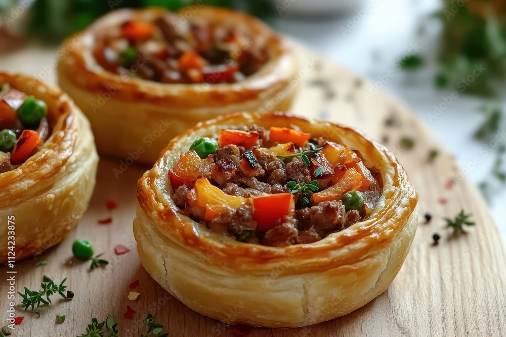 Classic Aussie meat pie on wood surface Vegetable filled puff pastry Tasty meat pastry Classic Aussie meat pie on wood surface Vegetable filled puff pastry Tasty meat pastry