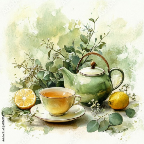 Tea Set with Lemon and Floral Accents in Watercolor Style
