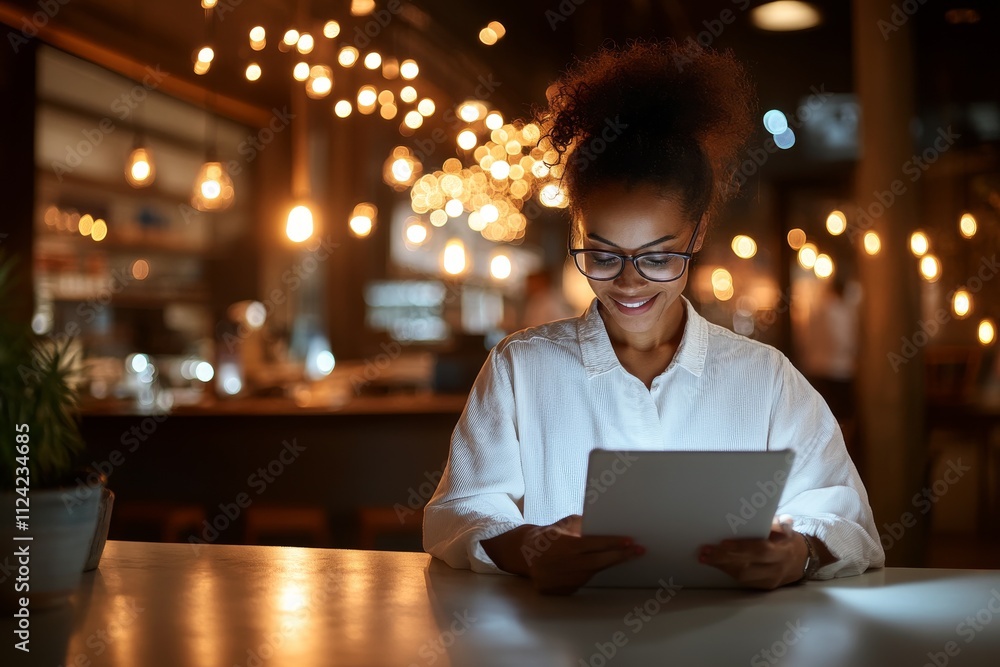 Woman using tablet in a cozy cafe with warm lighting during the evening hours Woman using tablet in a cozy cafe with warm lighting during the evening hours