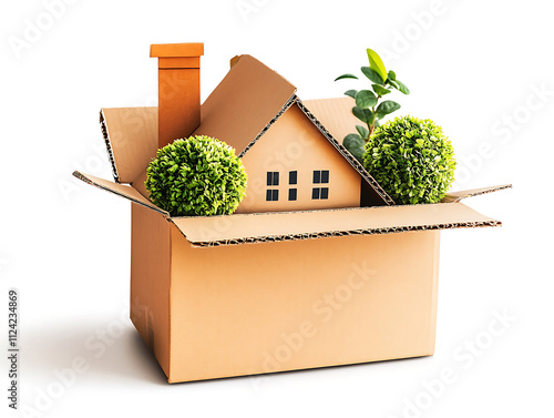 Box and other things prepared for house moving in room,packaging send transport moving house relocation isolated on white background,The arrangement of cardboard boxes is the focal point,Moving home,