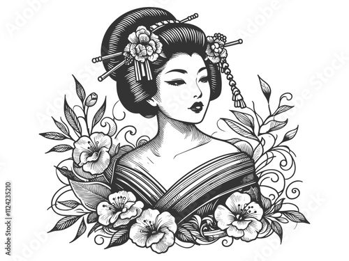 geisha in traditional kimono, surrounded by detailed blooming flowers and foliage sketch engraving generative ai fictional character vector illustration. Scratch board imitation. Black and white image
