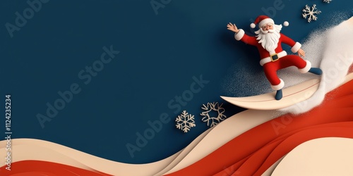 A jolly, festive Santa effortlessly surfs through stylized waves, surrounded by decorative snowflakes.
