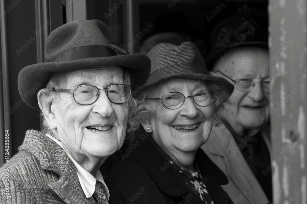 Elderly women in hats smiling at the camera. Black and white. Elderly women in hats smiling at the camera. Black and white.