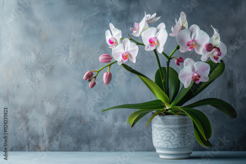 Artificial orchid plant in flower pot on white marble table. Space for text