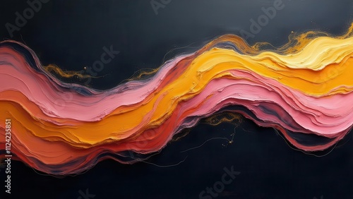 Pulsing electric waves. Luminescent rose and mustard gold waves interlace over a charcoal black plane. Ultra-smooth 4K UHD vector with spot-on sharpness and absence of noise