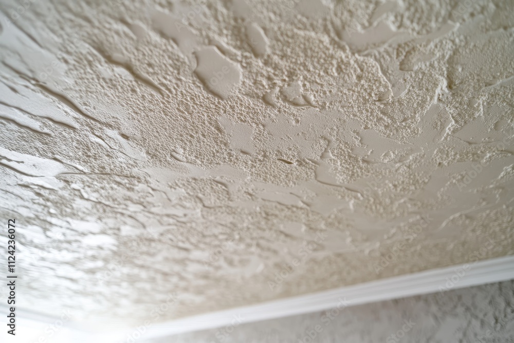 Close up of ceiling texture post popcorn removal revealing a sleek finish and the outcome of a typical renovation Close up of ceiling texture post popcorn removal revealing a sleek finish and the outcome of a typical renovation