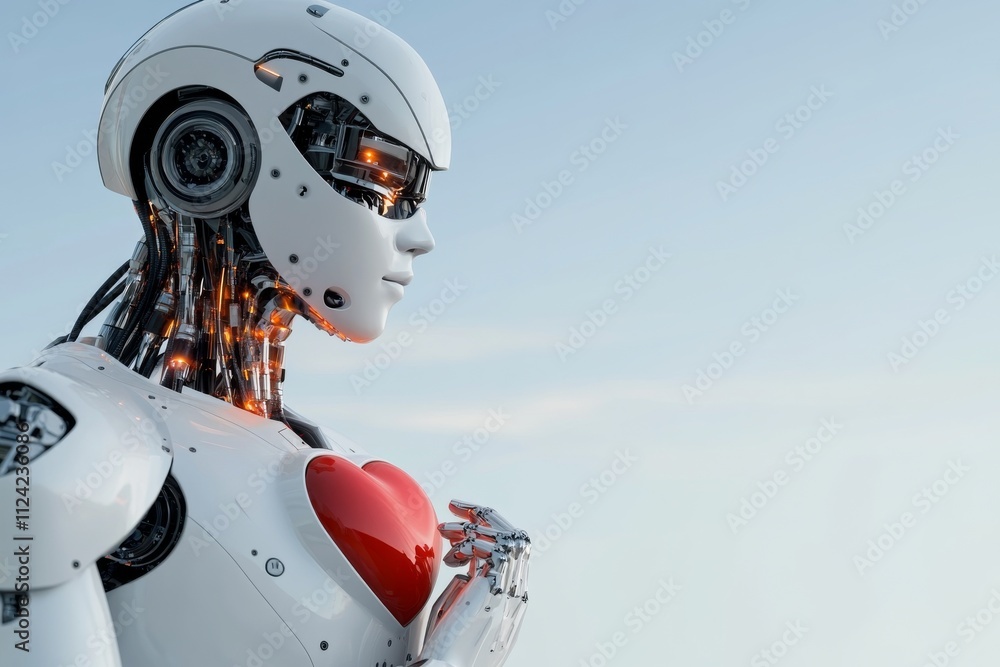 Robot with a human-like appearance holds a red heart against a clear sky backdrop Robot with a human-like appearance holds a red heart against a clear sky backdrop