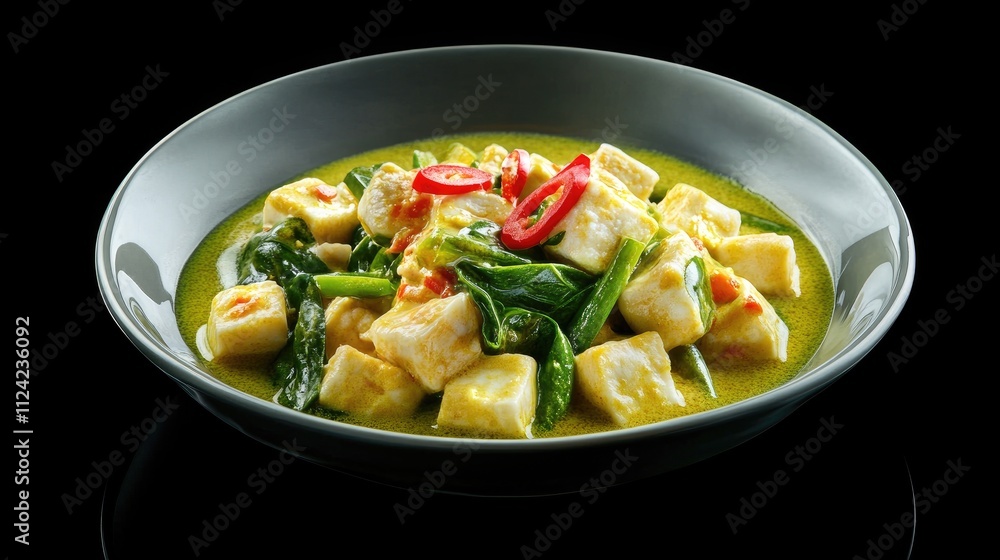 Savory Tofu Green Curry with Spinach, Chili, and Onions in a Bowl, Delicious Asian Cuisine Savory Tofu Green Curry with Spinach, Chili, and Onions in a Bowl, Delicious Asian Cuisine