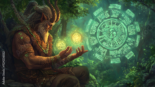 Ancient satyr shaman performing a ritual with glowing symbols and intricate artifacts, mystical forest setting, fantasy illustration. Forest Satyr. Illustration photo