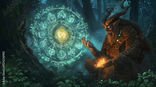 Ancient satyr shaman performing a ritual with glowing symbols and intricate artifacts, mystical forest setting, fantasy illustration. Forest Satyr. Illustration photo