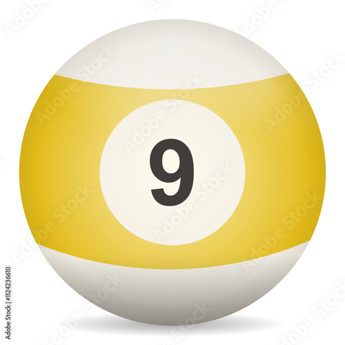 A detailed image of a yellow billiard ball, number nine isolated background