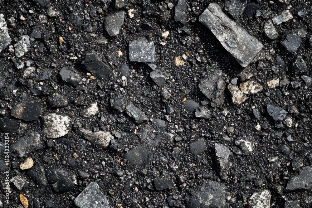 Close up view of a granular soil texture featuring gravel small stones and black gray and white grains resembling a gray asphalt surface Close up view of a granular soil texture featuring gravel small stones and black gray and white grains resembling a gray asphalt surface