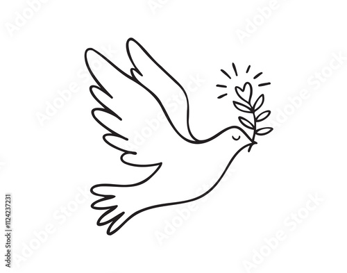 Dove line art. Flying dove of peace pigeon doodle outline logo drawing. Dove for greeting card, banner, flyer, poster.