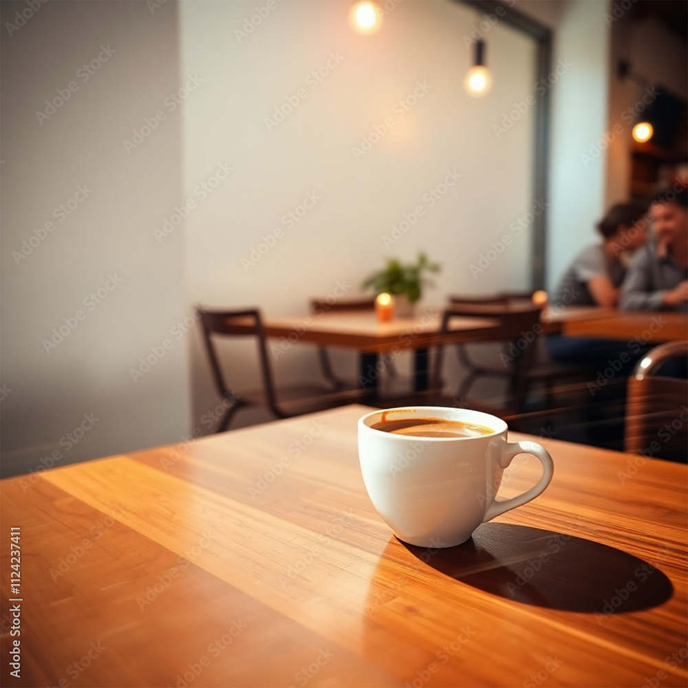 A cup of coffee on a wooden table with a saucer, spoon, and plate, showcasing a warm, inviting breakfast scene A cup of coffee on a wooden table with a saucer, spoon, and plate, showcasing a warm, inviting breakfast scene