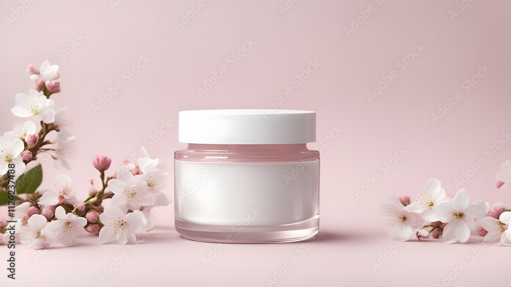 Blank white glass cosmetic jar surrounded by elegant spring blossoms on a pink background. Refined beauty product display Blank white glass cosmetic jar surrounded by elegant spring blossoms on a pink background. Refined beauty product display