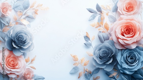 Fototapeta Naklejka Na Ścianę i Meble -  Elegant rose frame with pink and blue roses on light background symbolizing romance and serenity
