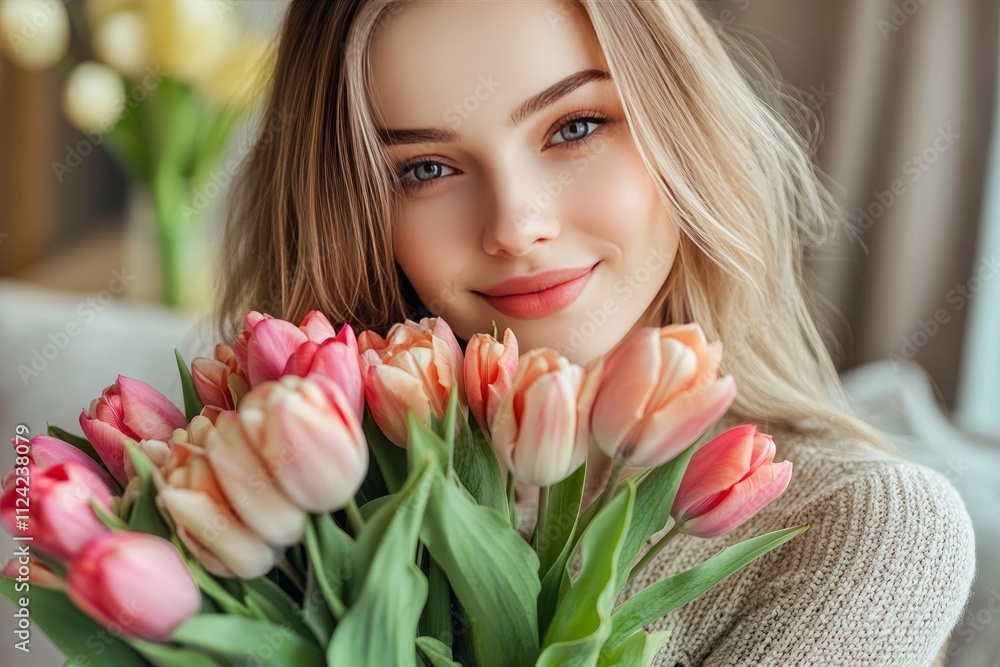 Sexy slim beautiful young woman in a stylish outfit holding a bouquet of tulips, half-body portrait, modern living room, bright and cheerful Mother's Day theme. 