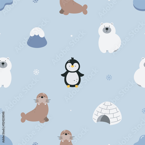 Seamless pattern with cute arctic animals. Flat vector background. Winter design. Creative texture for fabric, wrapping, textile, wallpaper, apparel.