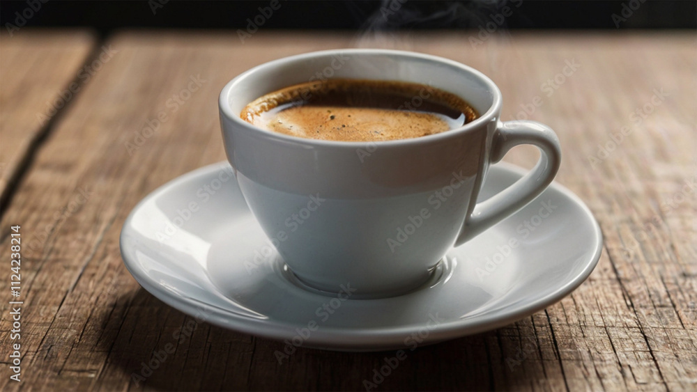 A cup of coffee on a wooden table with a saucer, spoon, and plate, showcasing a warm, inviting breakfast scene A cup of coffee on a wooden table with a saucer, spoon, and plate, showcasing a warm, inviting breakfast scene