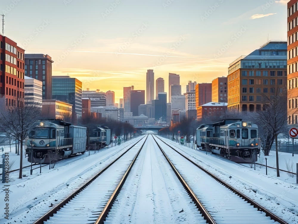 Fototapeta premium Calgary Downtown Winter Aerial Train Tracks Vibrant Vivid Colors
