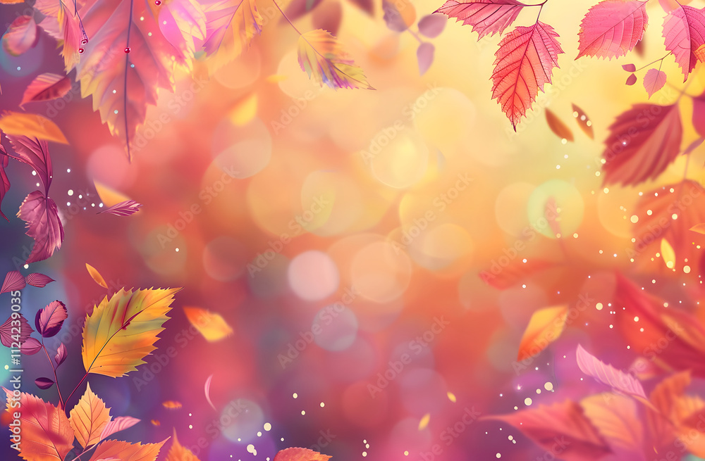 Fototapeta premium A vibrant autumn-themed background with colorful leaves and a soft bokeh effect.