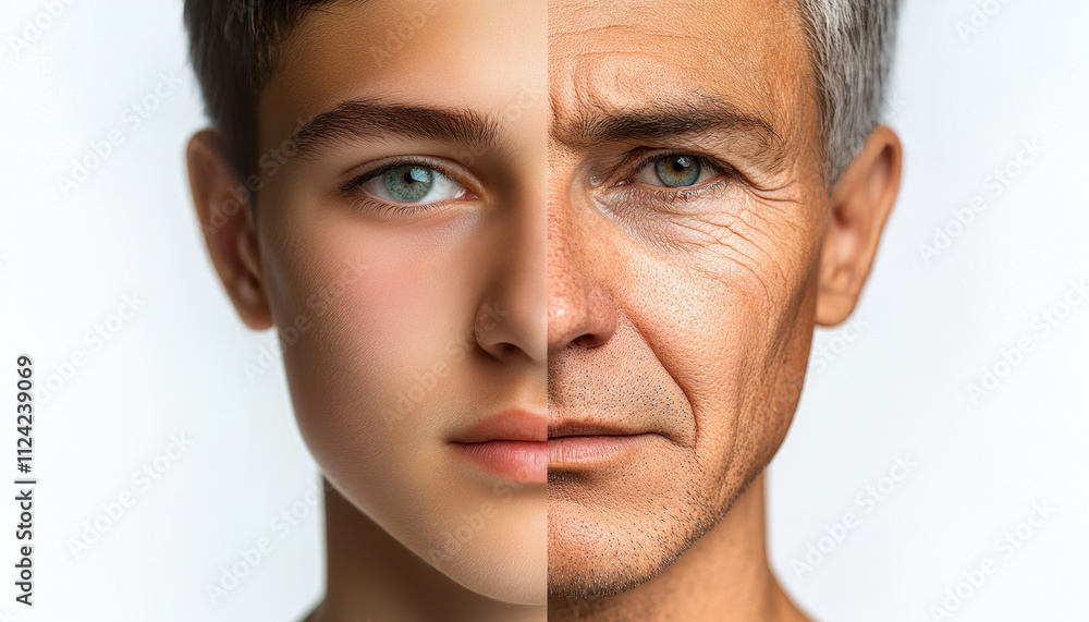 Obraz premium A young man's face is shown next to an older man's face