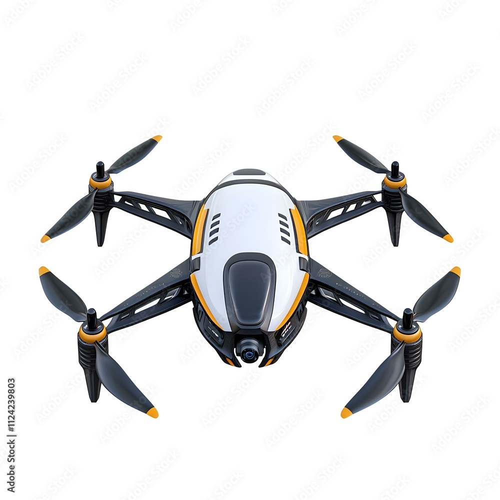 Futuristic Drone: A sleek, white and black drone with yellow accents and four propellers, ready for flight. This drone is perfect for illustrating the power and potential of modern technology. Futuristic Drone: A sleek, white and black drone with yellow accents and four propellers, ready for flight. This drone is perfect for illustrating the power and potential of modern technology.