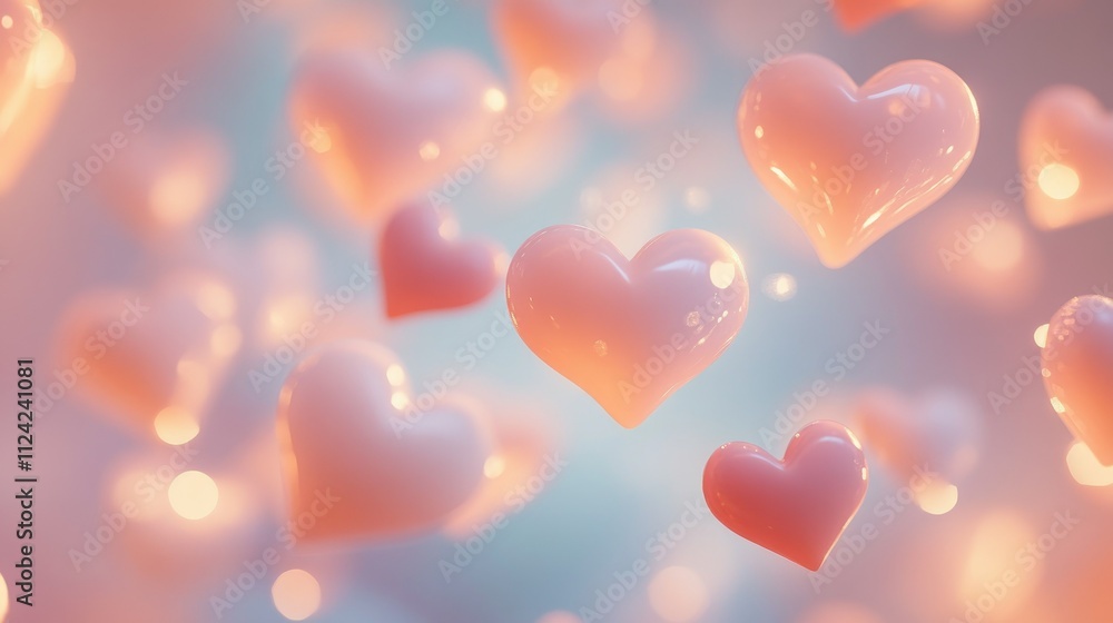 Soft glowing heart shapes floating in a serene pastel-hued setting, creating a romantic and dreamy atmosphere Soft glowing heart shapes floating in a serene pastel-hued setting, creating a romantic and dreamy atmosphere