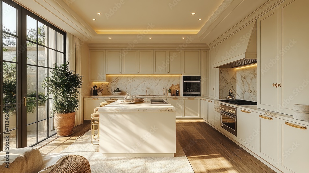 Bright, modern kitchen with large island, warm tones, and patio access. Bright, modern kitchen with large island, warm tones, and patio access.