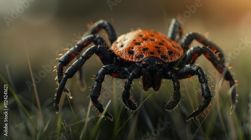 A close-up photo of a vibrant red spider with many eyes. photo