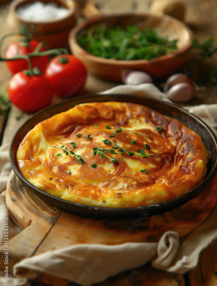 Traditional Spanish Tortilla Espanola garnished with herbs, a rustic Mediterranean dish Traditional Spanish Tortilla Espanola garnished with herbs, a rustic Mediterranean dish