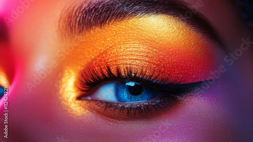 Close-up eye showcases vibrant makeup, neon background