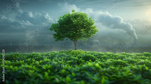 A vibrant green tree stands alone in a lush field, contrasting with a smoking factory nearby.
