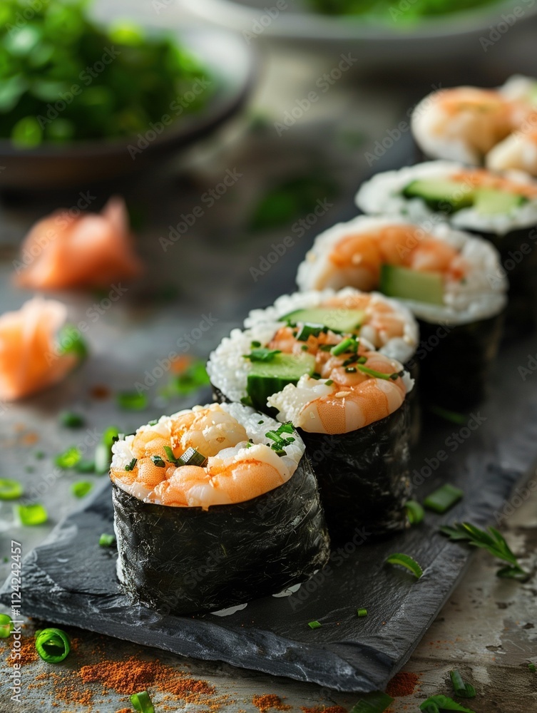 Double Shrimp Roll sushi with shrimp tempura, avocado, and cucumber on a light background, isolated Double Shrimp Roll sushi with shrimp tempura, avocado, and cucumber on a light background, isolated