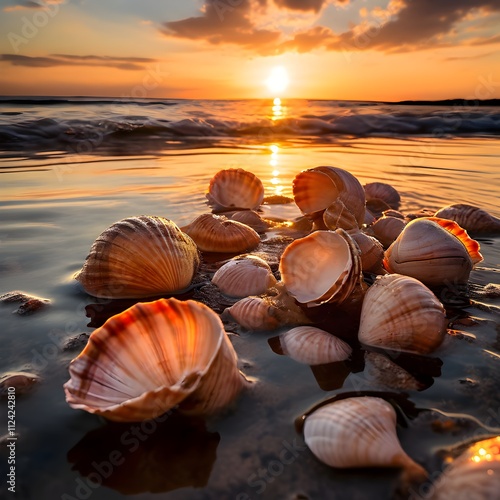 Sunset Light Casting Warm Tones on Seashells in Shallow Water, seashells in water, sunset glow, rippling reflections, shallow coastal beauty, warm tones, beach sunset, marine elegance, no people