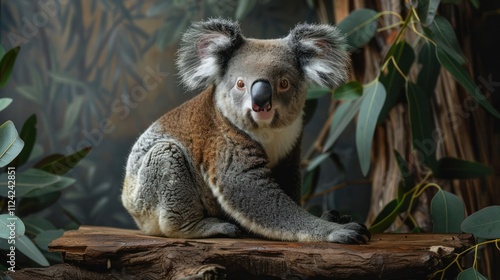 Koala sitting on a log with its eyes closed. photo