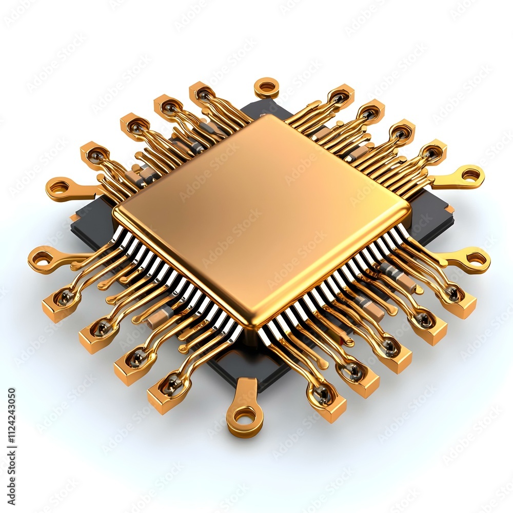 Golden Processor: A close-up of a golden microprocessor, highlighting its intricate design and the power it represents. The golden color adds a touch of luxury and sophistication. Golden Processor: A close-up of a golden microprocessor, highlighting its intricate design and the power it represents. The golden color adds a touch of luxury and sophistication.