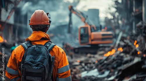 Rescue Worker Surveys Disaster Scene Damage