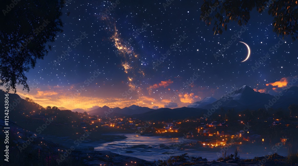 A night sky filled with sparkling stars and a crescent moon shining brightly over a tranquil landscape A night sky filled with sparkling stars and a crescent moon shining brightly over a tranquil landscape