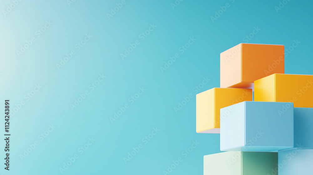 Colorful building blocks stacked against blue background, symbolizing creativity and play Colorful building blocks stacked against blue background, symbolizing creativity and play