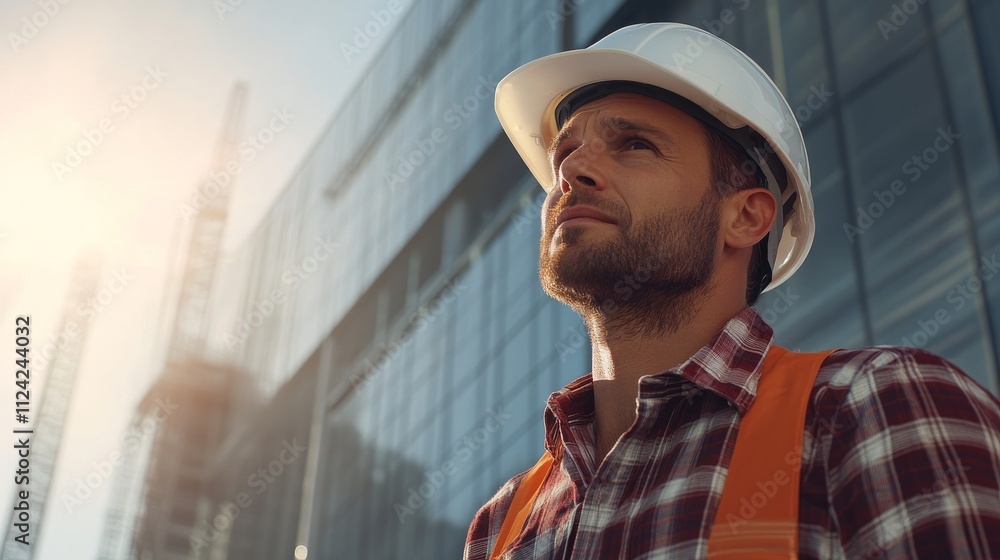 Construction worker contemplates building site, sunlight Construction worker contemplates building site, sunlight