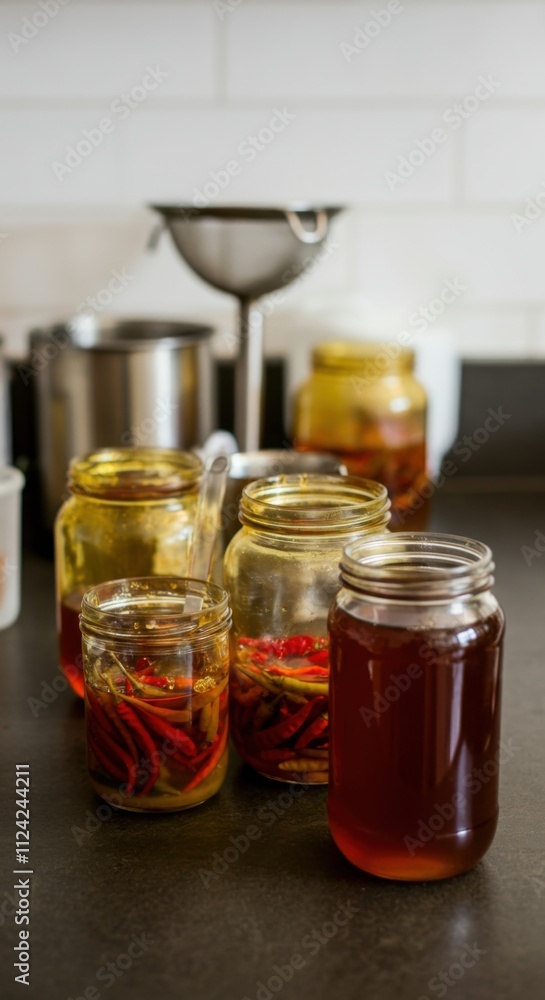 Jars of homemade pickled peppers and vinegar on kitchen counter Jars of homemade pickled peppers and vinegar on kitchen counter