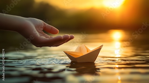 A hand releasing a paper boat into the river symbolizing letting go of the past and embracing the future
