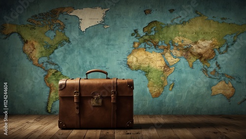 An old suitcase on a world map image.