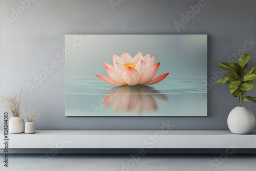 Minimalist abstract lotus flower floating on serene water, pale pink and light blue tones, calming and tranquil design, high definition background, mock up wallpaper