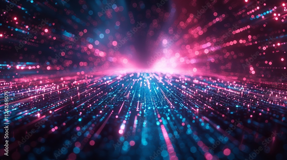 Obraz premium An abstract digital background with neon glowing lines, neon bokeh and dots representing high speed data transfer.
