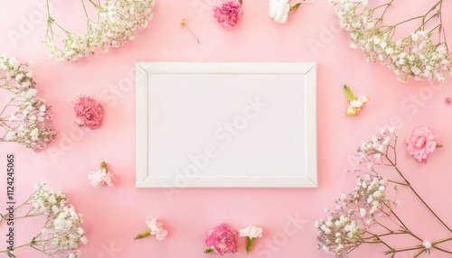 Elegant White Frame Copy Space Surrounded by Pink Carnations and Baby’s Breath Flowers on Soft Pastel Pink Background. Perfect for Mother’s Day Wedding Invitations Greeting Cards Spring Décor Concepts